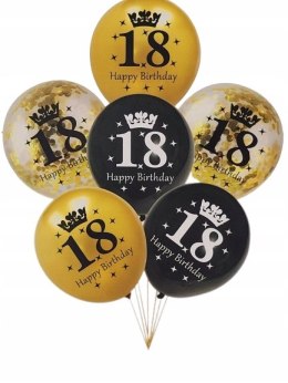 Balony na urodziny 18 czarne złote 6 szt konfetti