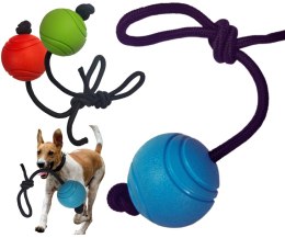 Piłka dla psa na sznurku gumowa średniotwarda plastyczna 7 cm niebieska